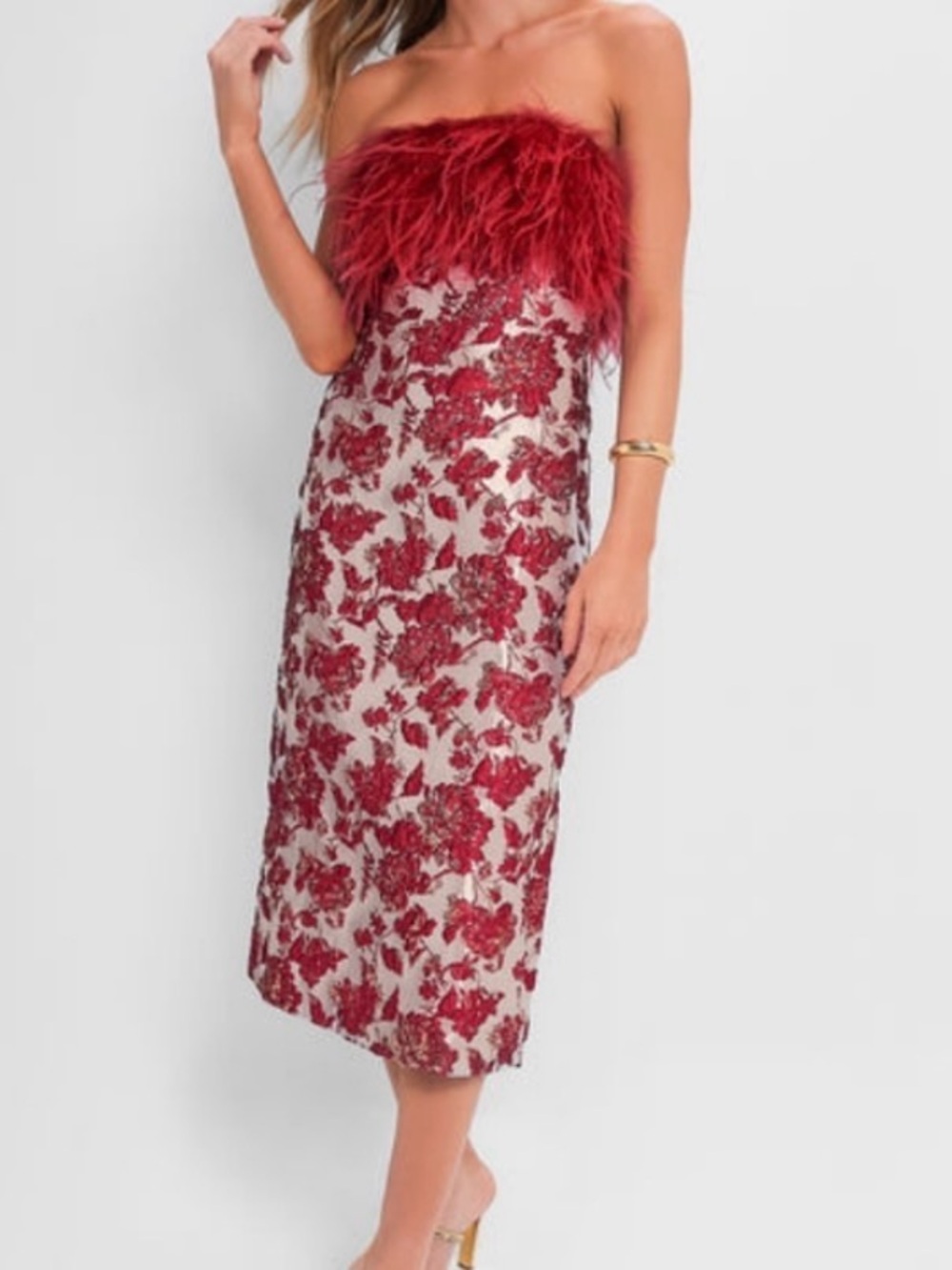 NWT Hyacinth House Red Jacquard Feathered Reina Maxi Dress.